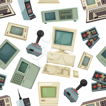 Seamless pattern with different vintage computers and gadgets. Retro technology equipment device for game and play. Vector illustration