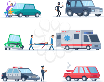Accident on the road. Cars damage. Damage and crash automobile, police and destroy machine, vector illustration