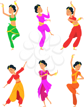 Female indian dancers. Cartoon characters female indian dancer, dance traditional ethnic, vector illustration