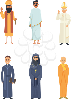 Different religion leaders. Cartoon characters isolate on white. Islam and christianity, catholic and arab, vector illustration