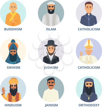 Round avatars set with pictures of religion leaders. Religion sikhism and judaism, buddhism and orthodoxy. Vecto illustration