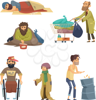 Unhappy dirty poor and desperate peoples. Vector characters set of homeless hungry and unhappy, man sad and depression illustration