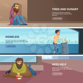 Vector horizontal banners with illustrations of poor and homeless peoples. Horizontal banner with hopeless and workless need help