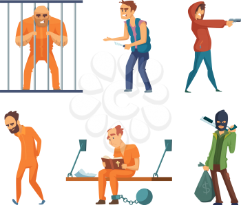 Criminals and prisoners. Set of characters in cartoon style. Vector criminal man, character prisoner in uniform illustration