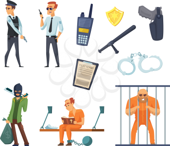 Criminal characters and policemen. Cop and security, burglar crime, justice for robber, vector illustration