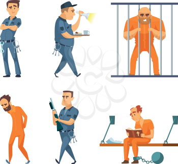 Characters set of guards and prisoners. Vector police security guard and character prisoner person illustration