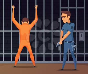 Prisoners on inspection near the camera. Criminal in prison, policeman inspection and search camera, vector illustration