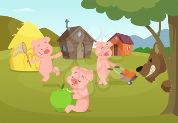 Three little pigs near their small houses and scary wolf. Three pigs and house, fairytale story. Vector illustration