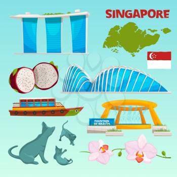 Set different landmarks of singapore. Vector singapore travel, building architecturer, skyscraper and fountain illustration