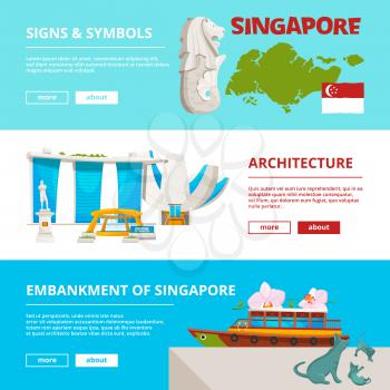 Banners template with cultural objects and landmarks of singapore. Vector building architecture, poster banner embankment illustration