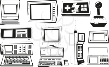 Monochrome illustrations of technician gadgets. Retro and vintage gadget, phone and radio electronic vector