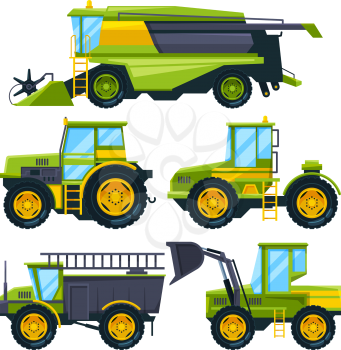 Combine harvester and different others agricultural machines. Vector machine for farm work agricultural illustration