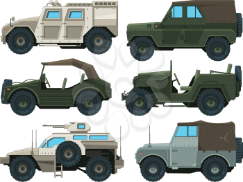 Colored pictures of military heavy vehicles. Military car transportation, transport auto for war, vector illustration
