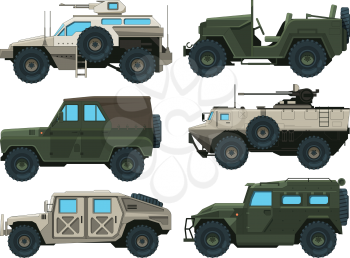 Army vehicles set. Colored vector illustrations. Military car armored with gun