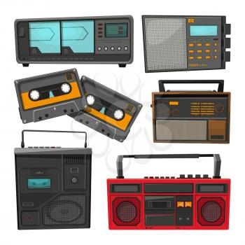 Cartoon illustrations of old music cassette recorders, players and radios. Audio retro recorder and stereo speaker, boombox equipment street vector