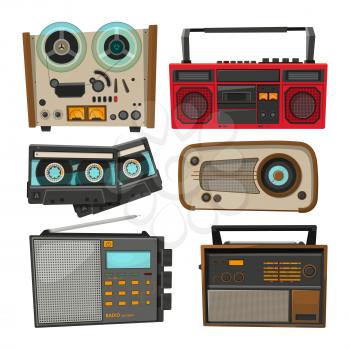 Vintage audio recorders isolated on white. Vector music audio, retro tape and recorder stereo illustration