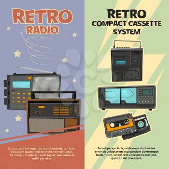 Vertical banners with illustrations of vintage recorders and radios. Vector vintage radio and recorder tape retro