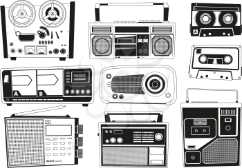 Monochrome pictures set of various vintage audio recorders. Vector retro recorder stereo, electronic portable obsolete, play tape audio illustration