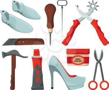 Tradesman in shoes repair workshop. Vector pictures isolate. Illustration of repair footwear, handmade and workshop, shoemaker tools, wax polish and scissors