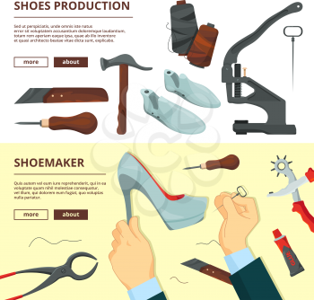 Banners design template with shoe repair tools. Shoemaker tools, footwear and hammer, repairman craftsmanship, vector illustration