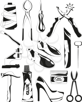 Monochrome pictures set of shoes repair tools. Vector shoemaker tools scissors and bradawl, thread and vise illustration