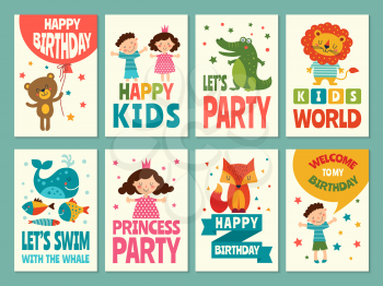 Design template of cards for childrens. Labels for packaging. Birthday card invitation to birthday. Vector illustration