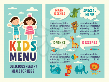 Design template of kids menu with colored funny pictures and place for your text. Kids menu restaurant or cafe with dessert and drink. Vector illustration