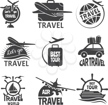 Vector label or logos forma travelling theme. Monochrome pictures of airplanes. Illustration of travel label logo, airplane and ship, trip tour, vacation and voyage