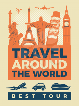 Travel poster with illustrations of famous landmarks. Travel and architecture, tourism and vacation sightseeing vector