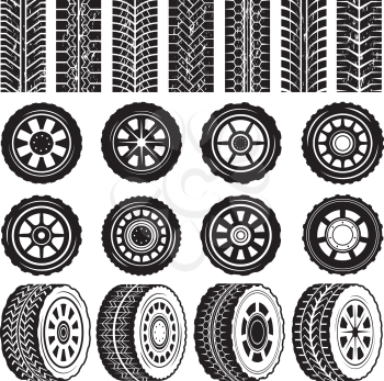 Monochrome pictures with wheels and tyres protector. Tire wheel, rubber track, trace imprint, vector illustration