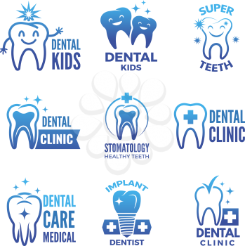 Labels and logos set of dental theme and illustrations of healthy teeth. Dentistry logo, stomatology and healthcare emblem vector