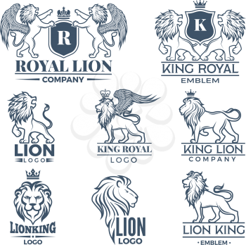 Design template of logos or badges with lions illustrations. Vector king lion logo, wild badge leo brand of set