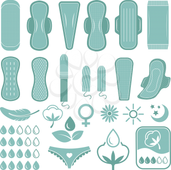 Monochrome symbols of feminine care and hygiene. Pictures for labels or badges design. Vector hygiene and clean feminine, pad cotton for sanitary illustration