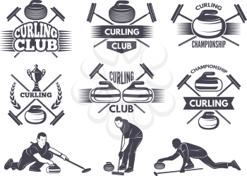 Labels for curling sport team. Curling sport with stone, competition badge and label, vector illustration