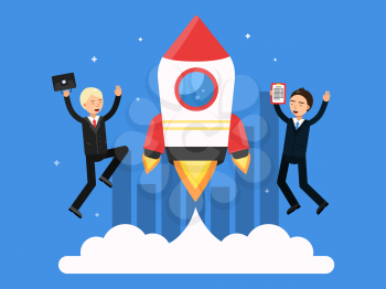 Concept picture with symbols of startup. Rocket and happy businessmen. Startup rocket and happy businessman illustration