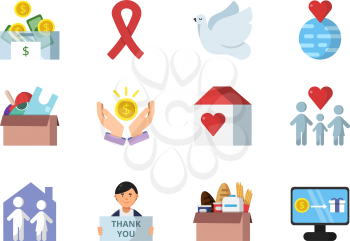 Donation, gifts and other different symbols of charities. Donation and charity, donate money and giving. Vector illustration