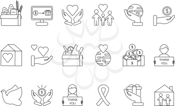 Symbols of volunteers and charities organisations. Monolines icons set. Vector donate money, giving and support, nonprofit voluntary illustration