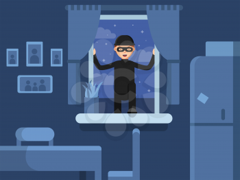 Thief broken in through the window. Burglar broken window, criminal robber in mask, vector illustration
