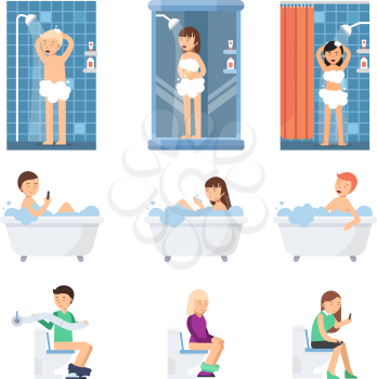 Male and women take a shower in bathroom. Flat illustrations of flat peoples. Vector bath and shower, woman and man wash