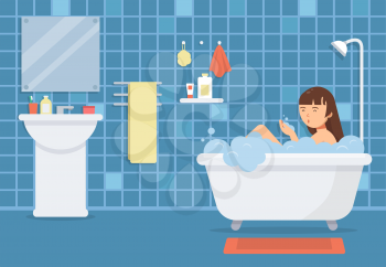 Woman in bathroom. Vector funny characters. Hygiene in bath, foam and bathing illustration