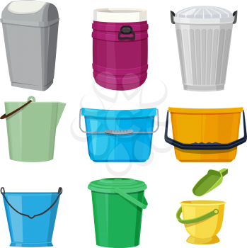 Different containers and buckets. Vector illustrations in cartoon style. Trashcan and bucketful, dustbin or basket with handle