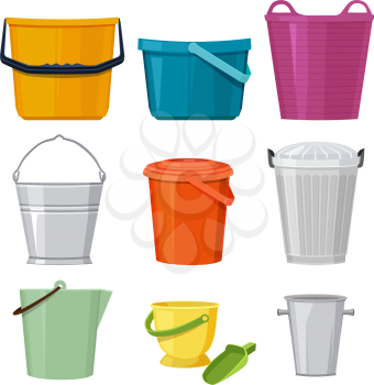 Different buckets. Vector set isolate. Illustration of bucket and container, pail with handle