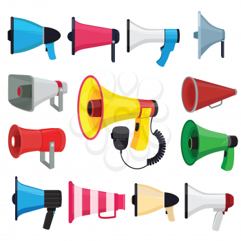 Symbols for promotion and announce. Vector pictures of loud speakers. Speaker and megaphone, loudspeaker for announcement illustration