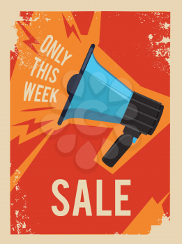 Advertising poster with illustration of old megaphone. Vector megaphone advertising, announce business sale promotion