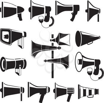 Set monochrome pictures of megaphones. Vector symbols of advertising. Illustration of megaphone and loudspeaker, bullhorn equipment for announcement