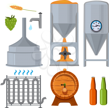 Equipment for the brewery. Pictures in cartoon style. Beer drink alcohol, brewery lager beverage, vector illustration
