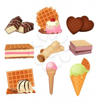 Vector pictures set of vaffel dessert with cream. Illustrations isolate on white. Cream food dessert, sweet ice cream with fruit