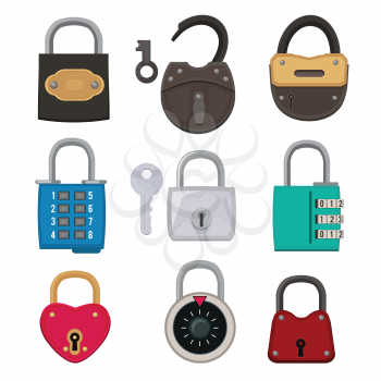 Different types of antique padlocks isolate on white. Safeguard concept illustrations. Vector padlock security, safety antique of collection