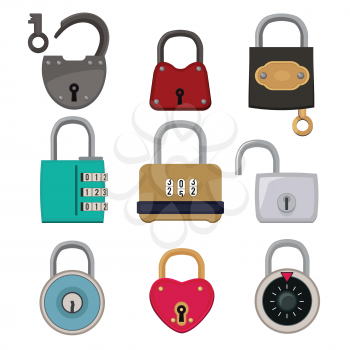 Vector colored icon set of padlocks. Illustration collection of lock for safe, safety abd protection with password