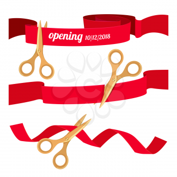 Set illustrations with scissors cutting red ribbons. Ceremony grand open, beginning and start vector
